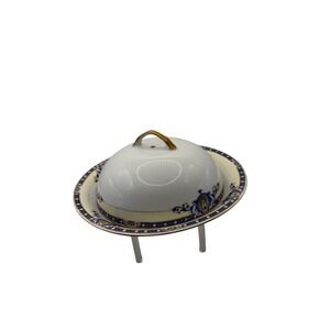 Victoria Czecho-Slovakia Porcelain Covered Butter Dish Blue Cream Floral Gold